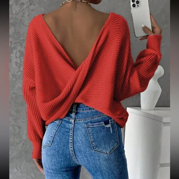 Cozy twist back ribbed knit sweater top